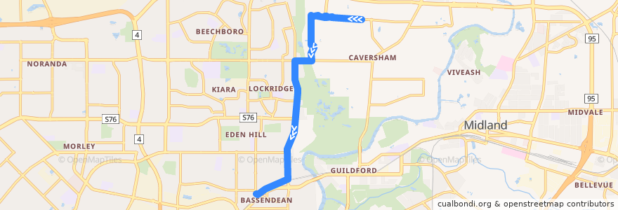 Mapa del recorrido 340T Caversham → Bassendean Station de la línea  en Western Australia.