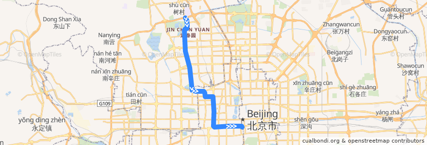 Mapa del recorrido Bus 特4: 国防大学 => 前门 de la línea  en 北京市.