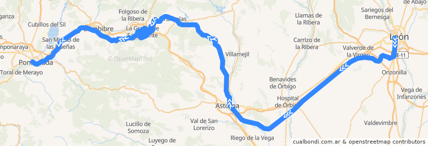 Mapa del recorrido 23:León-Ponferrada de la línea  en ليون.