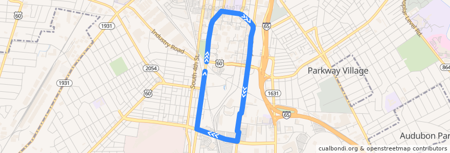 Mapa del recorrido 94 Cardinal Shuttle de la línea  en Louisville.