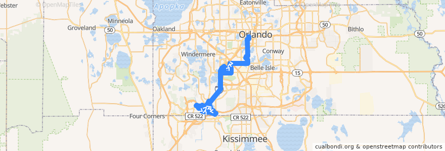 Mapa del recorrido 304 Disney Direct (PM inbound) de la línea  en オレンジ郡 (フロリダ州).