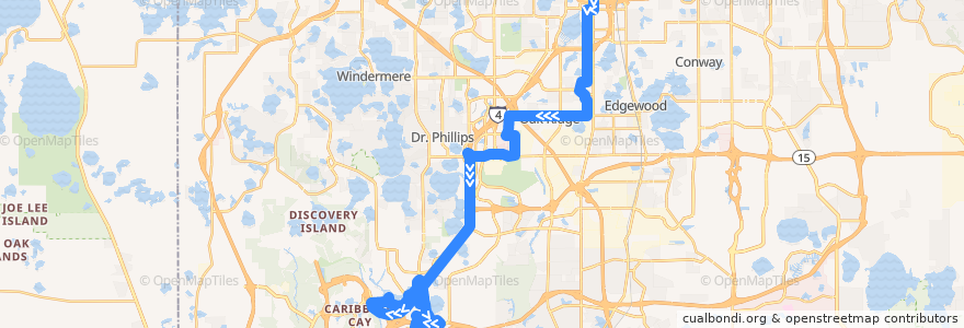 Mapa del recorrido 304 Disney Direct (PM outbound) de la línea  en オレンジ郡 (フロリダ州).