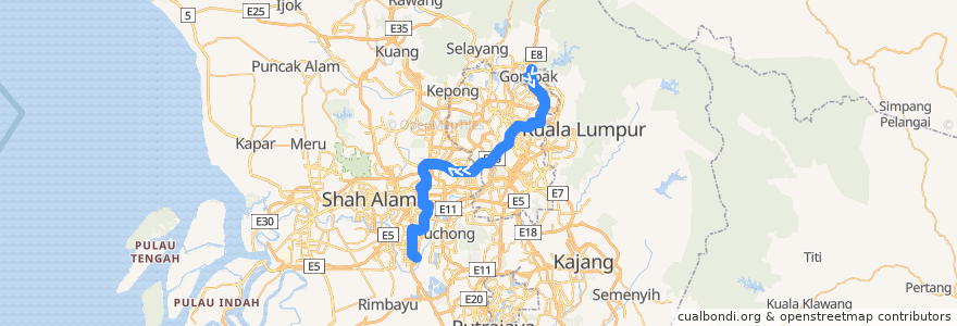 Mapa del recorrido Kelana Jaya Line (Gombak --> Putra Heights) de la línea  en Selangor.