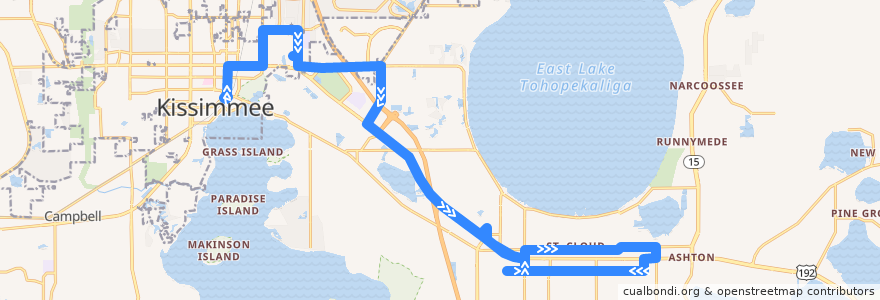 Mapa del recorrido 10 East US 192/St. Cloud (eastbound) de la línea  en Osceola County.