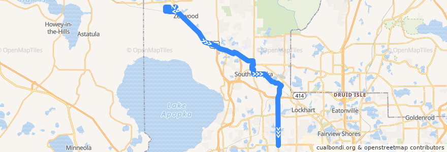 Mapa del recorrido 44 Hiawassee Road/Zellwood (southbound) de la línea  en Orange County.