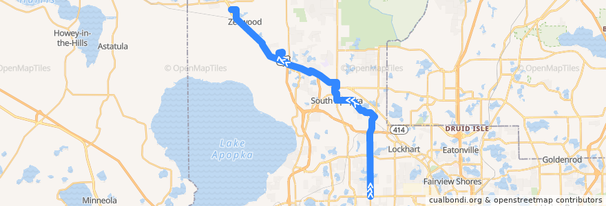 Mapa del recorrido 44 Hiawassee Road/Zellwood (northbound) de la línea  en 橙县/橙縣/橘郡.