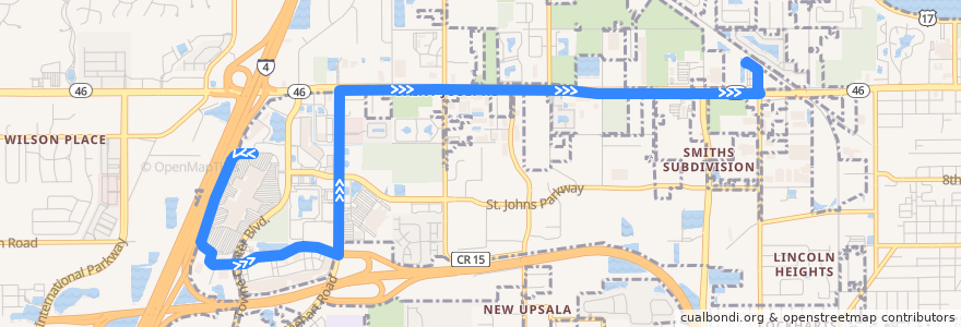 Mapa del recorrido 46W West SR 46/Seminole Towne Center (eastbound) de la línea  en Seminole County.