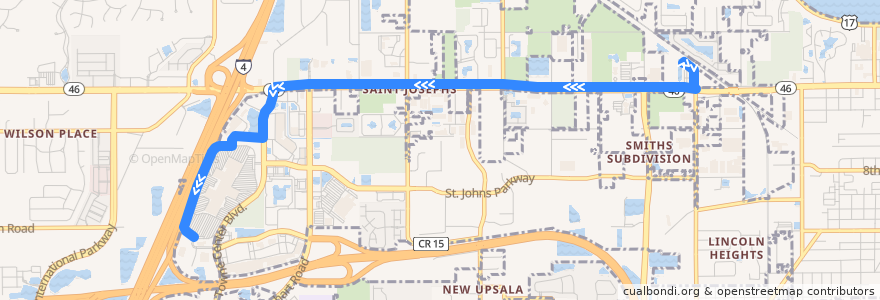 Mapa del recorrido 46W West SR 46/Seminole Towne Center (westbound) de la línea  en Seminole County.