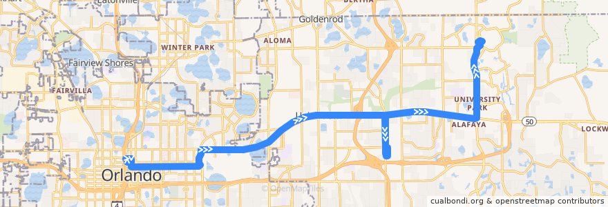 Mapa del recorrido 104 East Colonial (outbound) de la línea  en オレンジ郡 (フロリダ州).