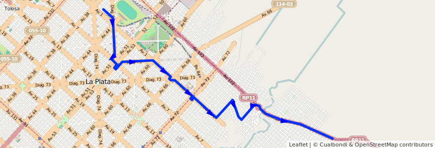 Mapa del recorrido 19 de la línea Este en Partido de La Plata.