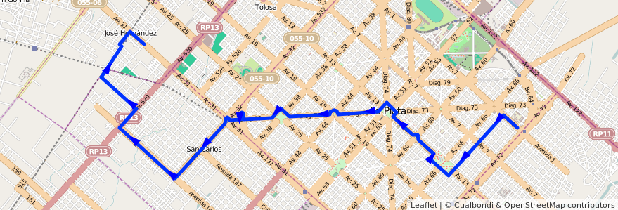 Mapa del recorrido 19 de la línea Oeste en Partido de La Plata.
