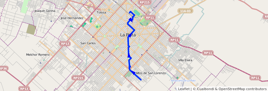 Mapa del recorrido 19 de la línea Sur en Partido de La Plata.