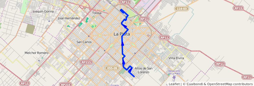 Mapa del recorrido 19 de la línea Sur en Partido de La Plata.