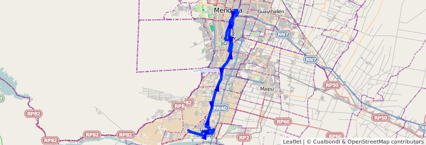 Mapa del recorrido 19 - Lujan - Bº Huentota - Av.Libertadad por Cervantes de la línea G01 en 门多萨省.