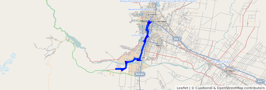 Mapa del recorrido 19 - Lujan -PIP por San Martin de la línea G01 en 门多萨省.