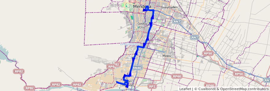 Mapa del recorrido 19 - Lujan por Drummond - Expreso de la línea G01 en Mendoza.