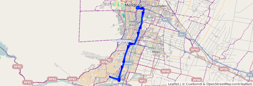 Mapa del recorrido 19 - Lujan por San Martin - Expreso de la línea G01 en Mendoza.