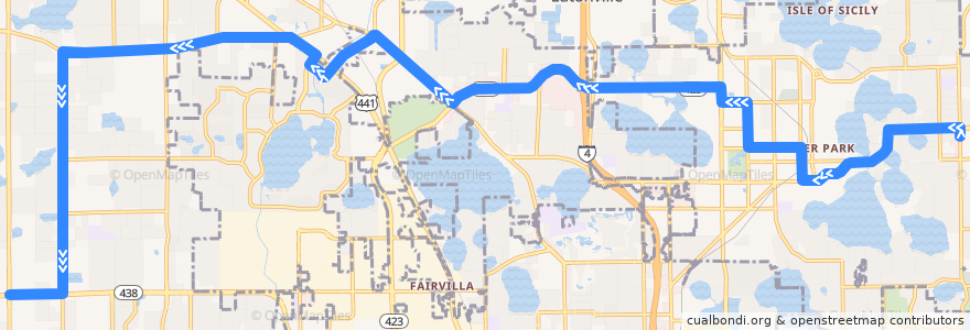 Mapa del recorrido 443 Winter Park/Pine Hills (westbound) de la línea  en オレンジ郡 (フロリダ州).