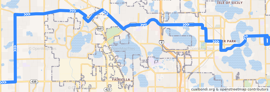 Mapa del recorrido 443 Winter Park/Pine Hills (eastbound) de la línea  en オレンジ郡 (フロリダ州).