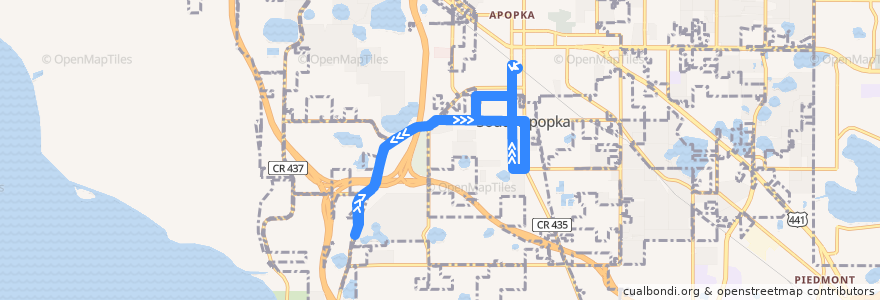 Mapa del recorrido 405 Apopka Circulator (south side) de la línea  en Orange County.