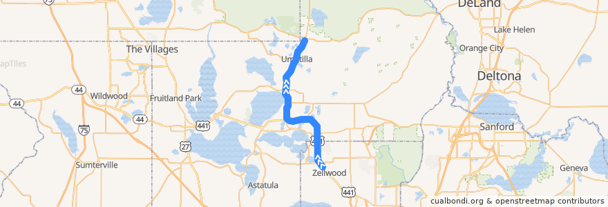 Mapa del recorrido 4 Umatilla to Zellwood de la línea  en Lake County.