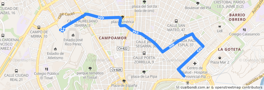 Mapa del recorrido 191 (Especial Fútbol): Pla ⇒ Carolinas ⇒ Estadio J. Rico Perez de la línea  en Alacant / Alicante.