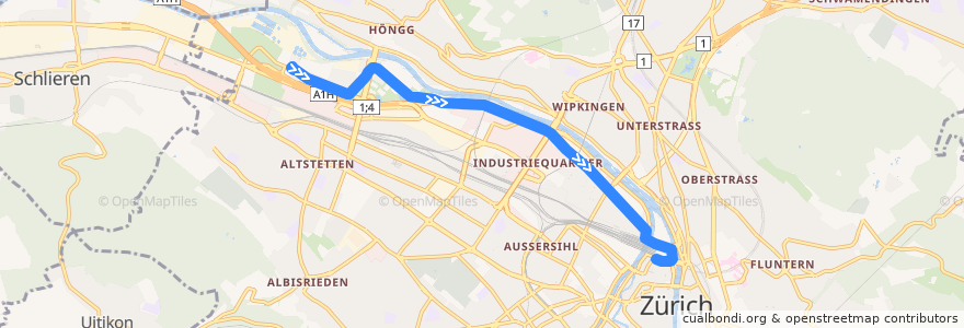 Mapa del recorrido Tram 17: Werdhölzli → Bahnhofplatz/HB de la línea  en Zürich.