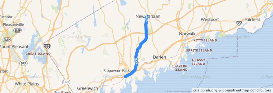 Mapa del recorrido Metro-North New Haven Line: Stamford <=> New Canaan de la línea  en Fairfield County.