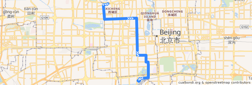 Mapa del recorrido Trolleybus 102: 动物园 => 北京南站 de la línea  en 首都功能核心区.