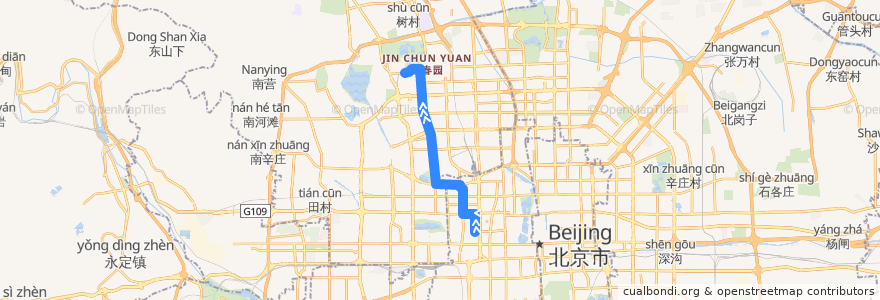 Mapa del recorrido Bus 697: 菜户营桥东 => 颐和山庄 de la línea  en 北京市.