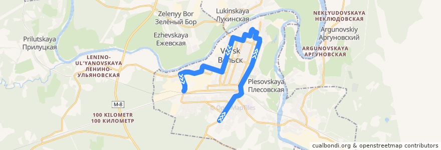 Mapa del recorrido Автобус №3: АПЛ-45 => 5-й Пристанционный посёлок de la línea  en Вельское городское поселение.