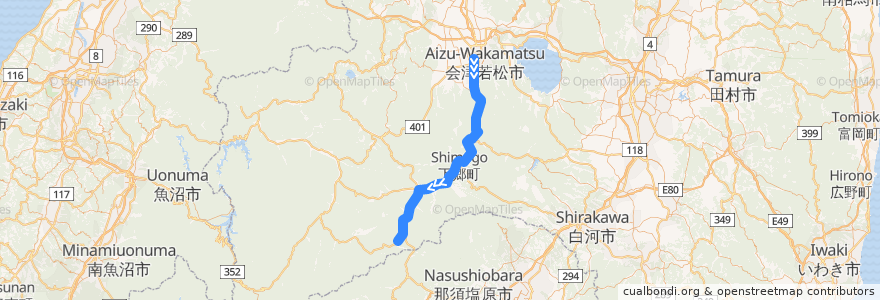 Mapa del recorrido 会津鉄道会津線 de la línea  en Préfecture de Fukushima.