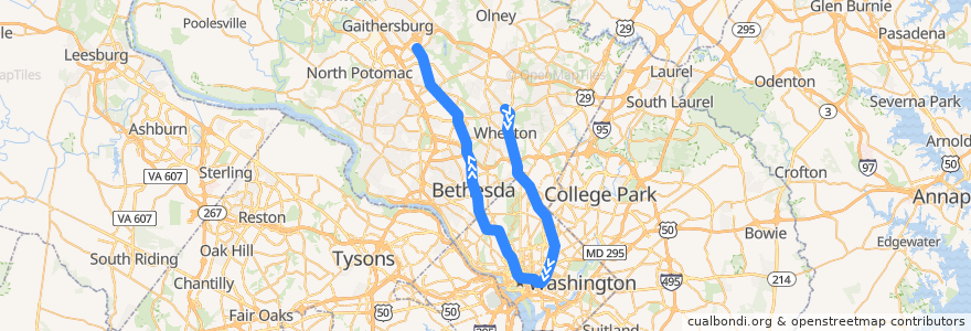 Mapa del recorrido WMATA Red Line: Glenmont → Shady Grove de la línea  en 미국.