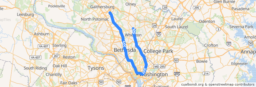 Mapa del recorrido WMATA Red Line: Glenmont → Shady Grove de la línea  en Estados Unidos de América.