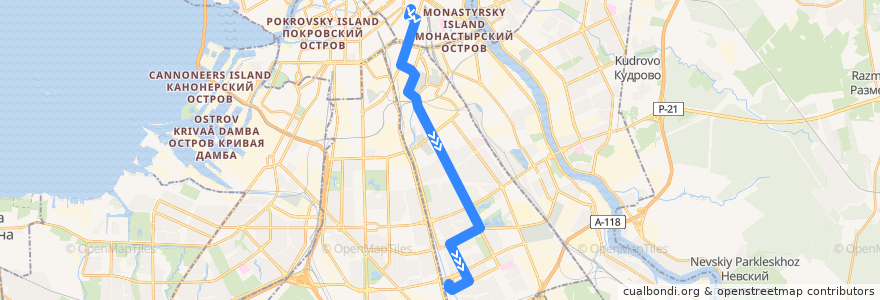 Mapa del recorrido Трамвай № 25: улица Марата => станция метро «Купчино» de la línea  en Фрунзенский район.