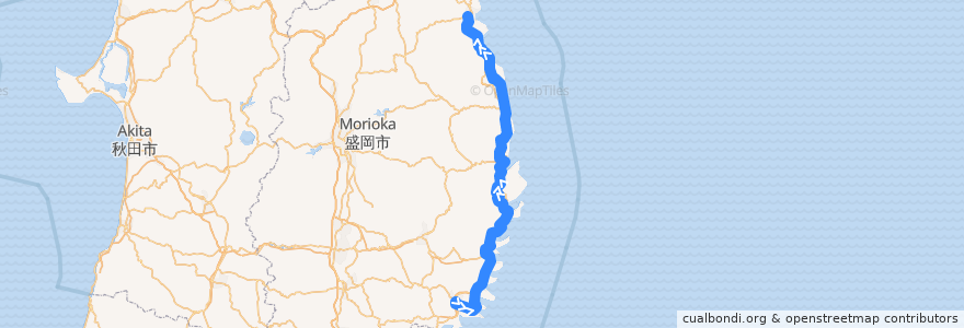 Mapa del recorrido 三陸鉄道リアス線 盛 => 久慈 de la línea  en 岩手县.