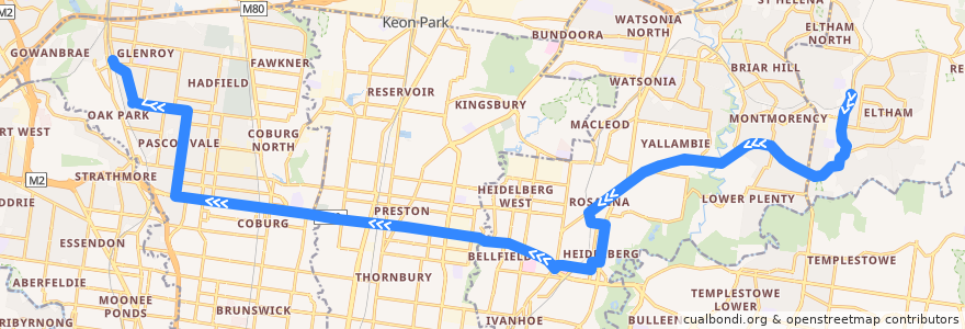 Mapa del recorrido Bus 513: Eltham => Lower Plenty => Glenroy de la línea  en Melbourne.