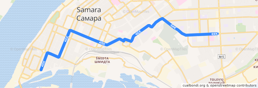 Mapa del recorrido Трамвай 1: Автостанция "Аврора" - Хлебная площадь de la línea  en Samara.