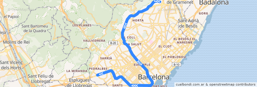 Mapa del recorrido L3: Zona Universitària => Trinitat Nova de la línea  en 바르셀로나.