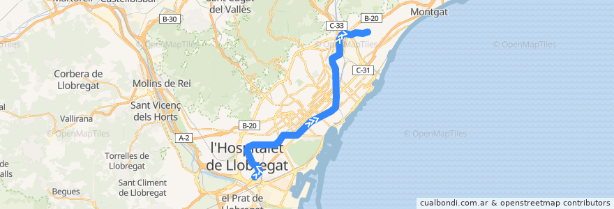 Mapa del recorrido L1: Hospital de Bellvitge => Fondo de la línea  en Barcelonès.