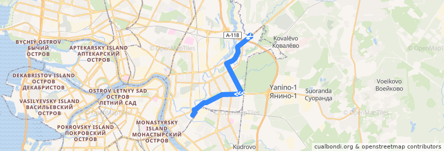 Mapa del recorrido Автобус № 30: Рябовское шоссе, 117 => станция метро «Ладожская» de la línea  en Красногвардейский район.