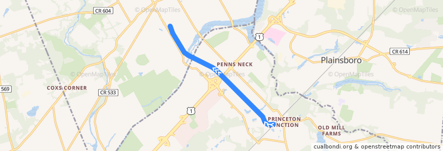 Mapa del recorrido NJ Transit Princeton Branch: Princeton Junction <=> Princeton de la línea  en Mercer County.