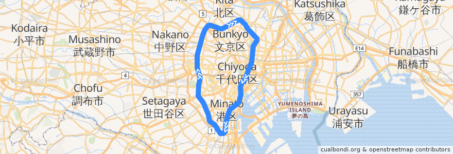 Mapa del recorrido JR山手線 de la línea  en Tokyo.