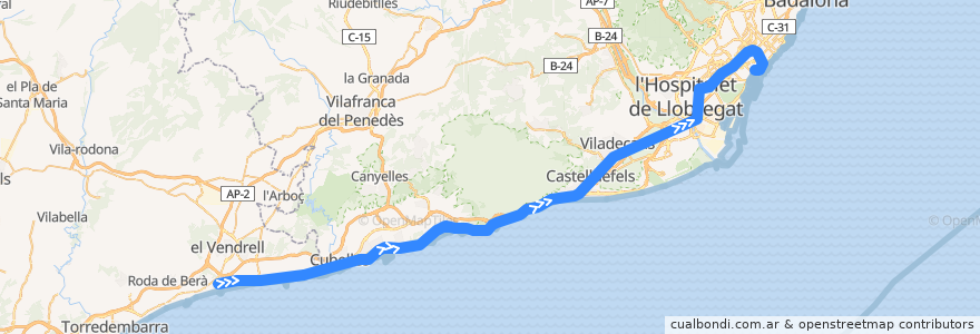 Mapa del recorrido R2Sud: Sant Vicenç de Calders - Barcelona-Estació de França via Vilanova i la Geltrú de la línea  en Sepanyol.