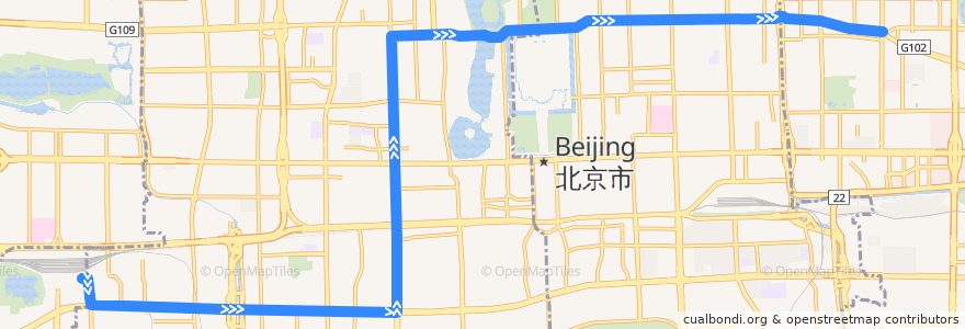 Mapa del recorrido Trolleybus 109: 东大桥路口东 => 北京西站南广场 de la línea  en 首都功能核心区.