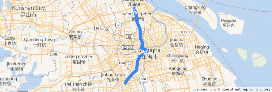 Mapa del recorrido Metro 1号线: 富锦路 → 莘庄 de la línea  en Xangai.