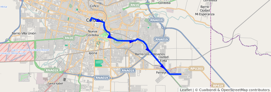 Mapa del recorrido 2 de la línea D (Diferencial) en Cordoba.