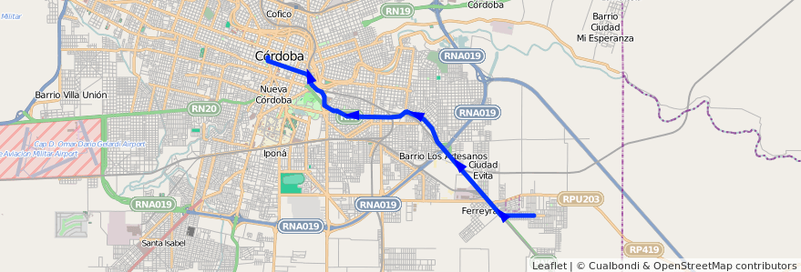 Mapa del recorrido 2 de la línea D (Diferencial) en Municipio de Córdoba.