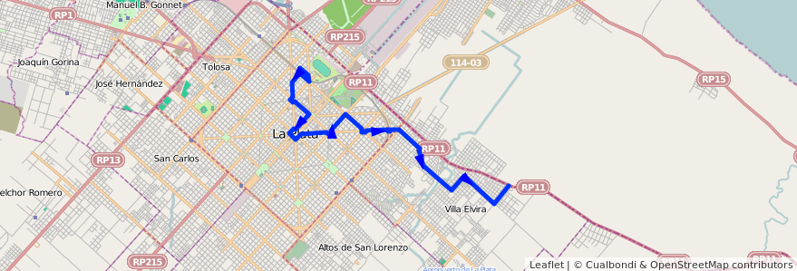 Mapa del recorrido 2 de la línea 520 en Partido de La Plata.