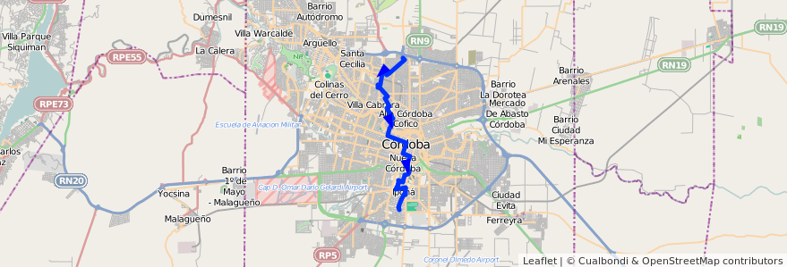 Mapa del recorrido 2 de la línea A (Azul) en Córdoba.